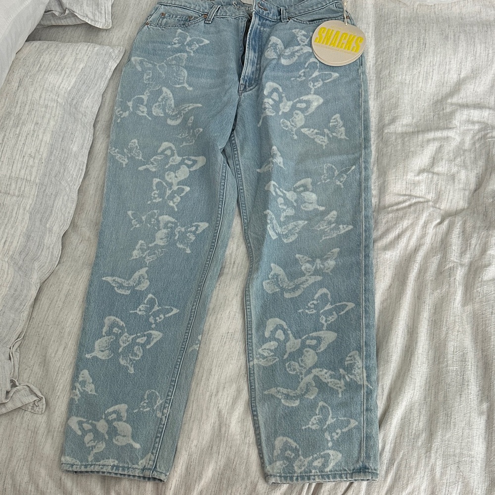 MOTHER Light Blue Butterfly Print Straight Leg Jeans